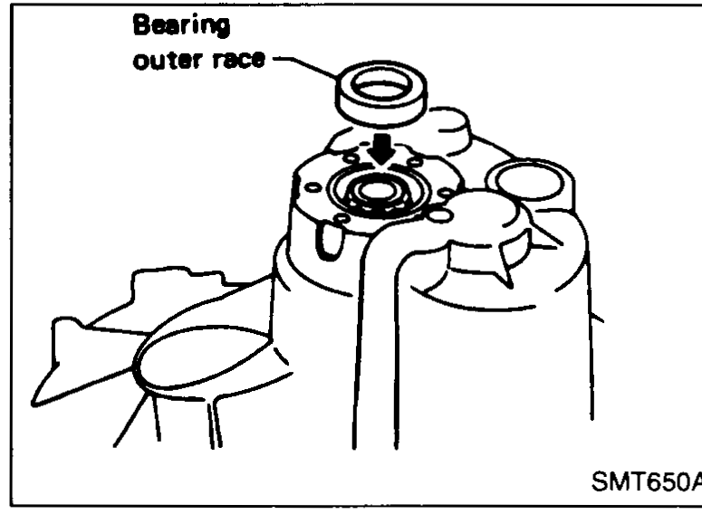 Exploded view of mainshaft rear bearing components stacked above the transmission case: case cover, O-ring, spacer, mainshaft bearing adjusting shim, mainshaft rear bearing outer race.