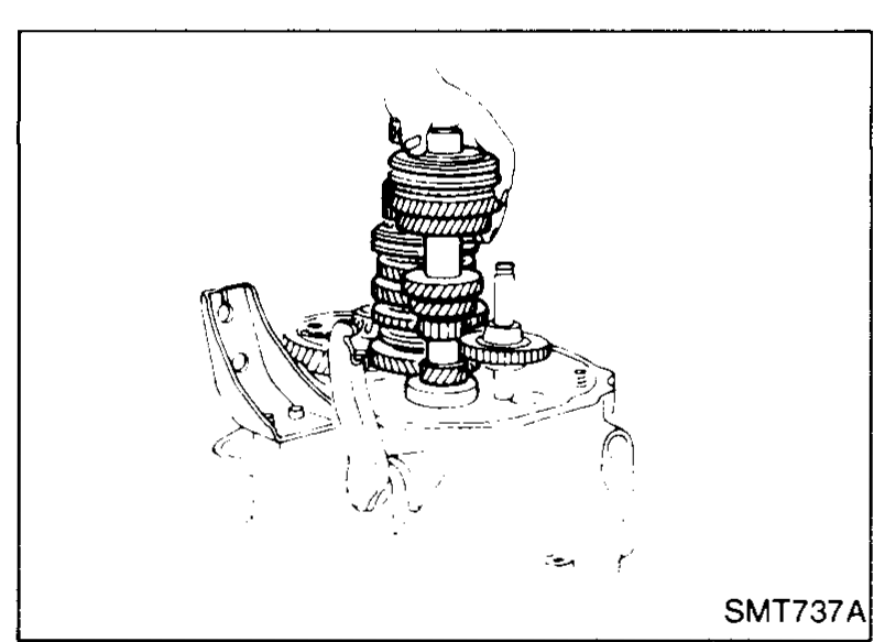 RS5F30A — mainshaft and input gear being installed as a set into the clutch housing, with care taken to protect the oil seal.