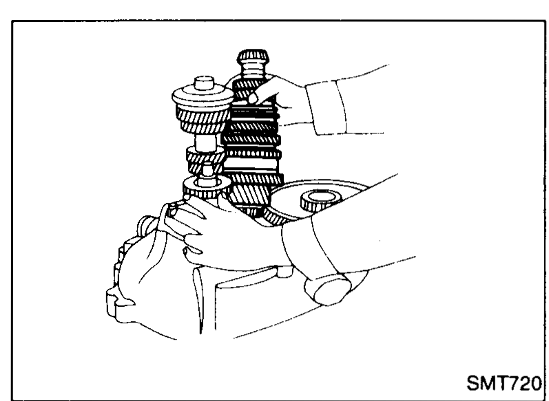 RS5F31V — hands installing the mainshaft assembly down into the clutch housing alongside the input shaft and final drive.