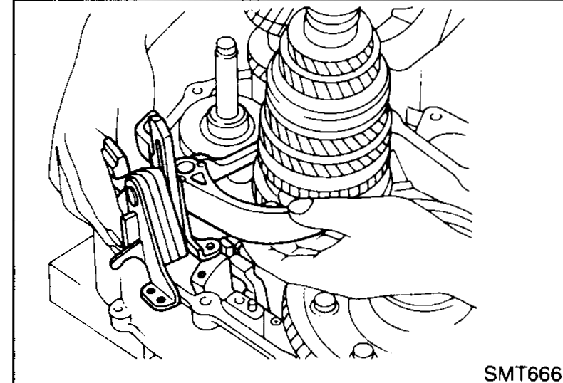 Installation of control bracket with 1st & 2nd shift fork, then 3rd & 4th and 5th shift forks onto the gear train inside the clutch housing.