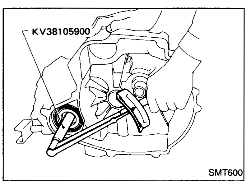 Special tool KV38105900 (side-gear adapter) and torque wrench being used through the transmission case to measure total turning torque of the assembled transaxle.