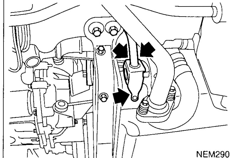 Underhood view showing shift linkages and gear-oil drain plug on the transaxle case; arrows indicate fasteners to remove.