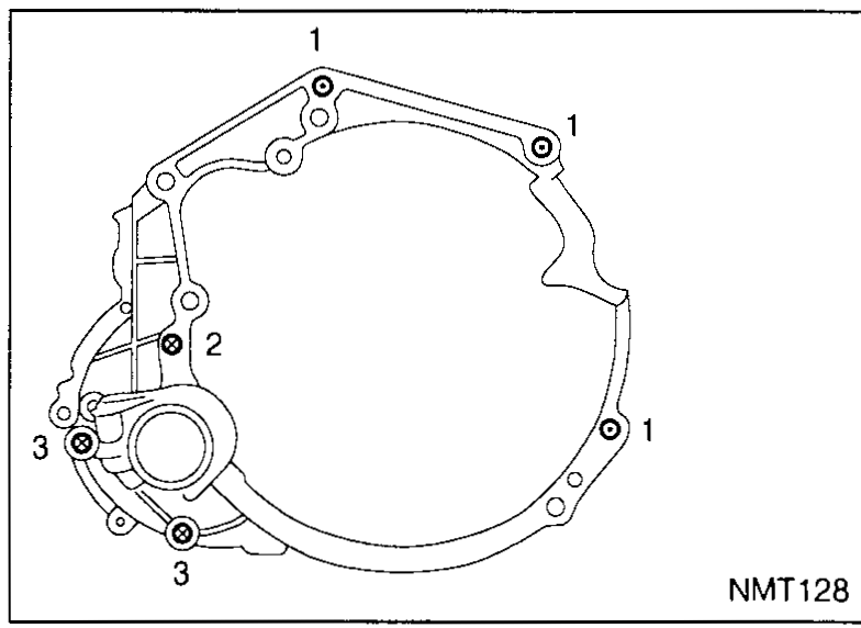 Under-vehicle view of transaxle being supported by a jack with rear and LH mounts visible; lower housing bolts to be removed.