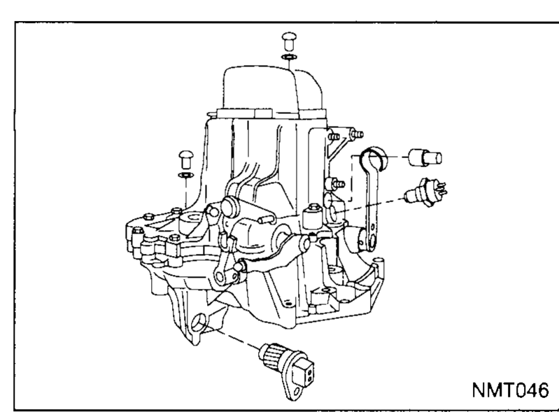 MA5L transaxle case with reverse switch, breather, speedometer sensor and plugs called out before transaxle case removal.