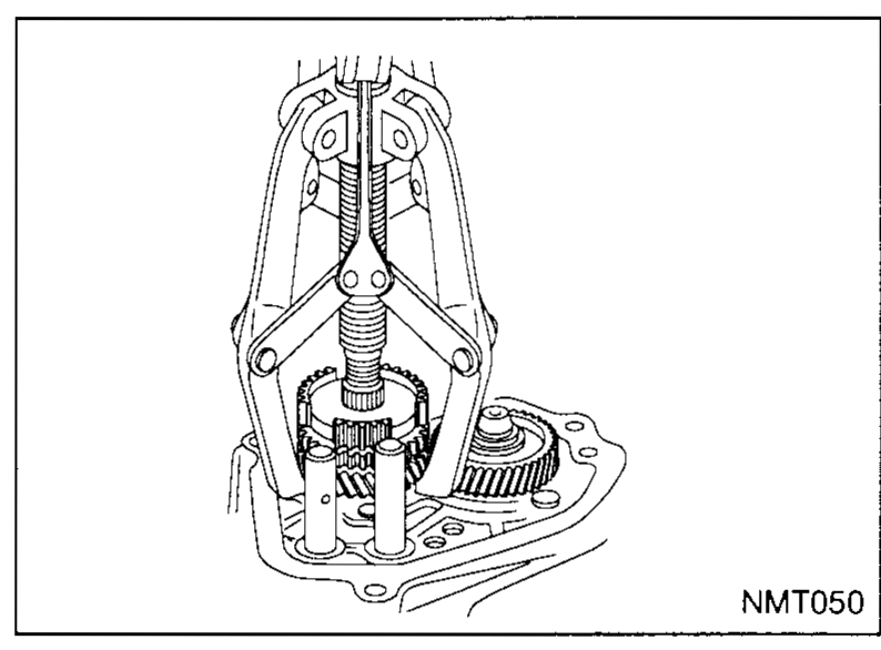 Special tool KV329I0060 (socket) being used to remove the mainshaft nut. Inset image shows the two nut versions: production nut (one-piece) vs. service nut with stop washer.