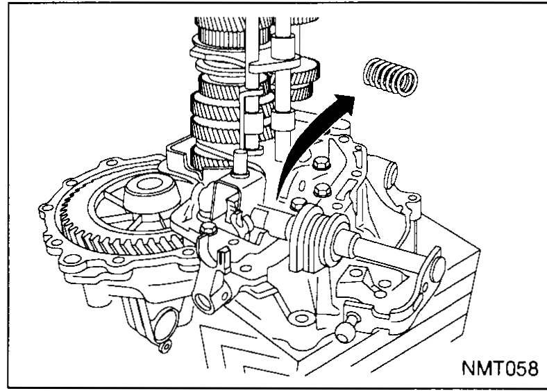 View of the engagement finger area with the 2nd gear engaged. A drift/punch is shown driving the retaining pin of the engagement finger outwards from the transaxle case.
