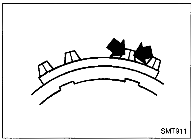 Close-up of a baulk-ring tooth segment with two black arrows pointing to chipped/damaged teeth, illustrating an inspection failure mode.