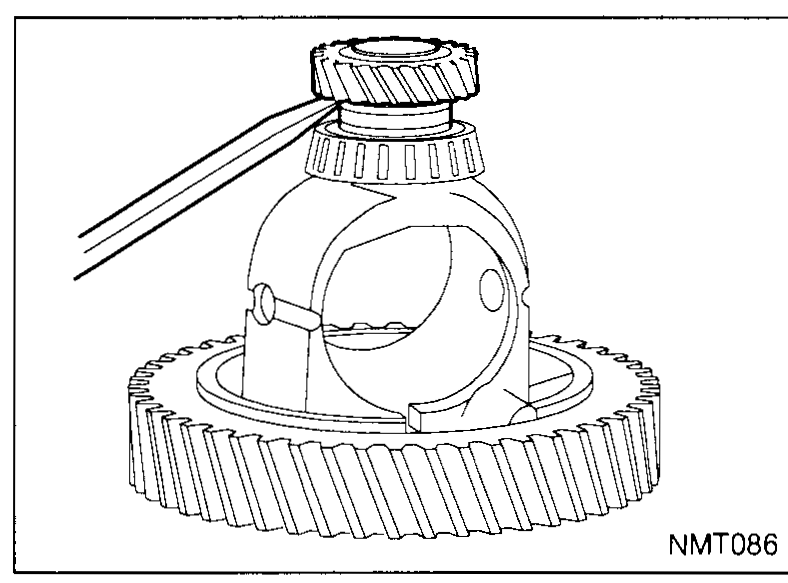 Exploded view of the differential internals above the case: two pinion mate gears flanked by thrust washers, two side gears with their thrust washers, and a centre spacer, separated and laid out around the differential case.