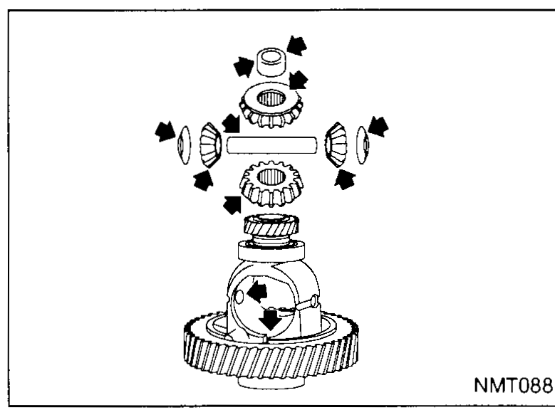 Bearing-puller bridge (special tool KV32910030) hooked under the differential side-bearing inner race and pulling it off the case axle. Three threaded jacking screws on top of the bridge are turned to draw the bearing upward.