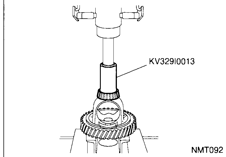 Differential case with a pin / punch inserted from the left being used to drive the pinion-mate shaft into place; a circular arrow on the case shows the rotation needed to align pinion mate gears and washers. The retaining circlip floats above the case.