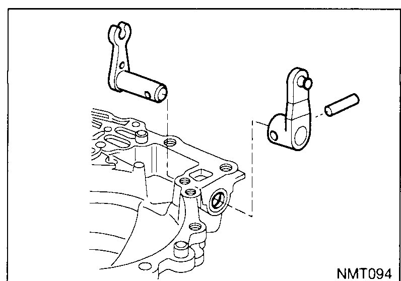 Transaxle case interior viewed from above with the selection lever and shaft separated to the right and a new roll pin / retaining pin shown alongside. Dashed lines indicate the insertion path of the shaft into its bore in the case.