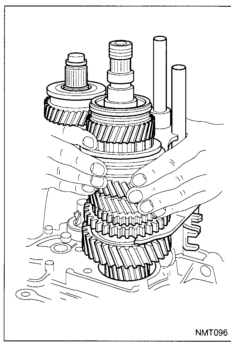 Intermediate plate (shift-fork support plate) being lowered into place onto the case; a black arrow points to the matching passage / slot, and the letter 'A' labels the passage through which the selection fork must fit. A curved arrow shows the seating motion.