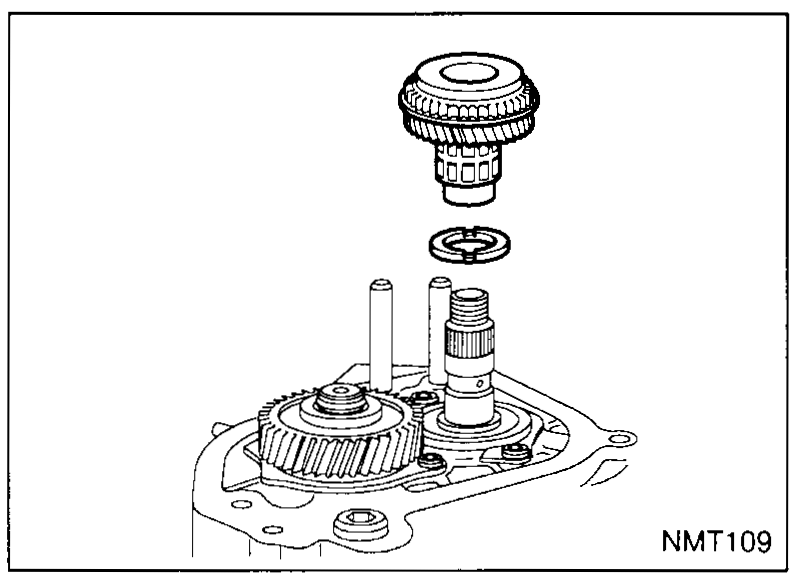 Snap-ring pliers expanding the snap ring around the splined mainshaft above the case while the spring washer sits below it. Drift tool KV32910020 is called out with an arrow pointing to the supporting block beneath the gear.