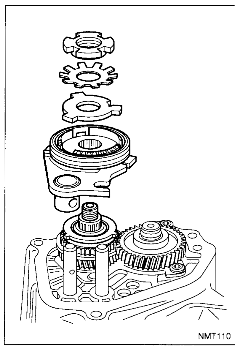 Top of the mainshaft protruding from the case. Stacked above it in an exploded layout: the 5th shift fork with its 5th-gear synchronizer hub/sleeve, a notched (castellated) nut, a new lock ring, and a thrust washer. The input-shaft 5th gear sits to the right.