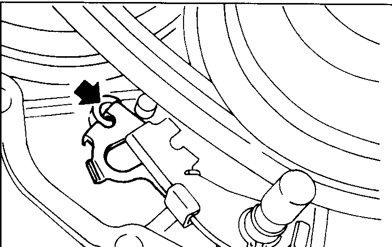 Park pawl guide fitted into hole in side casing; arrow indicates the location of the guide hole.