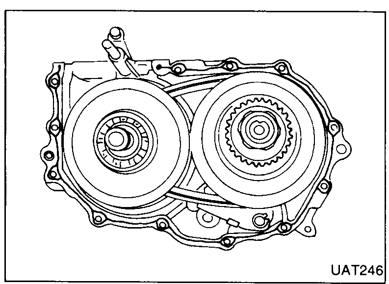 Side casing with the two CVT pulleys and drive belt visible; transmission casing about to mate.
