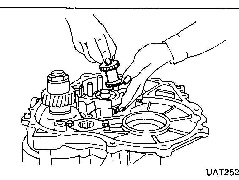 Counter gear assembly being lowered into casing; synchroniser sleeve lifted slightly for access.
