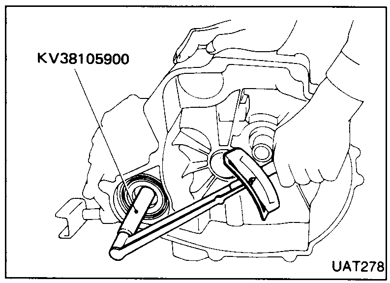 Tool KV38105900 inserted into clutch housing; hand operates handle.