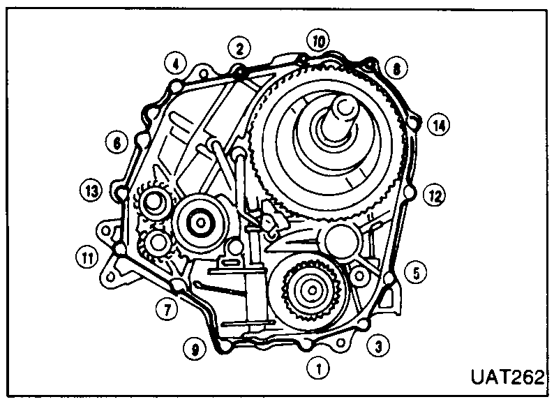 Clutch housing bolt tightening sequence — 14 bolt positions numbered (1) through (14) in tightening order.