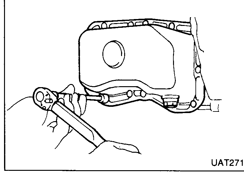 Magnet being placed/removed from oil pan, hand visible.