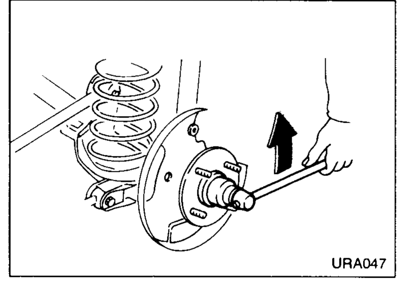 Mechanic's hand pulling the rear wheel-hub straight off the stub axle; the coil spring and strut are visible above. An upward arrow indicates the removal direction.