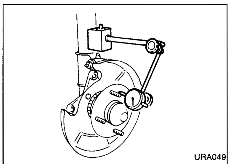 Rear wheel hub viewed straight on with a dial-gauge attached to measure axial end play. The dial-indicator stand is clamped to the suspension above and the indicator probe rests on the hub face. A callout '1' points to the hub centre.
