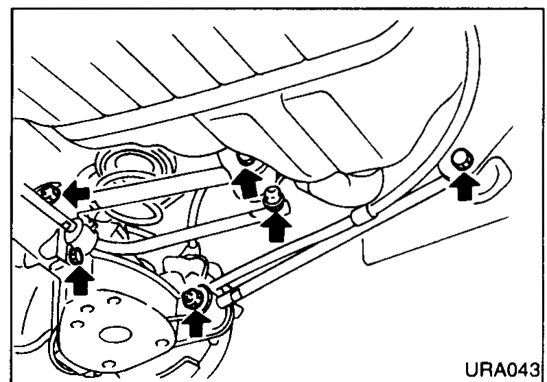 View of the rear axle from below the vehicle, with multiple arrows pointing at fasteners and joints along the axle beam — same illustration used on RA-4 to locate the suspension parts that must be tightened/inspected.