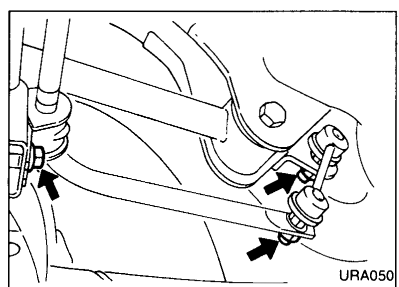 Underside view of the stabilizer-bar mounting area on the rear axle. Two arrows point at the bushing clamp and the connecting-rod ball-joint nut to indicate the removal points.