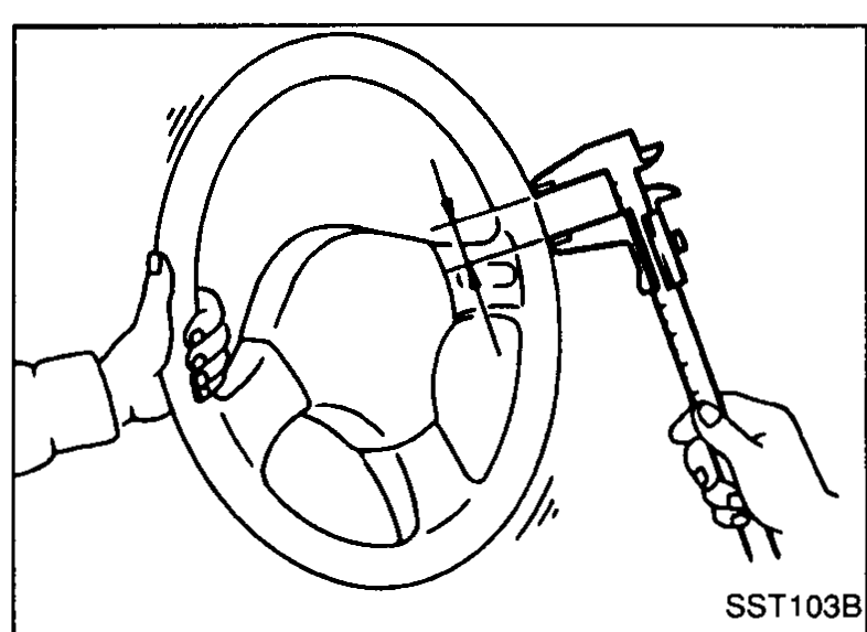 Illustration of a hand pressing down on a steering wheel rim with a measuring device/scale, used to check steering wheel free play.