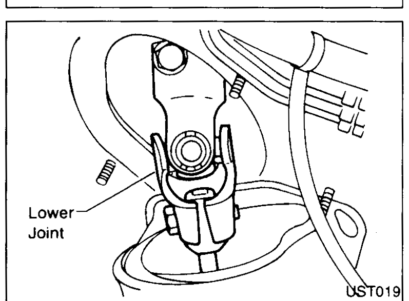 View under the dashboard / engine-bay showing the lower steering-column joint with a 'Lower Joint' callout pointing to the universal joint between the column and pinion.