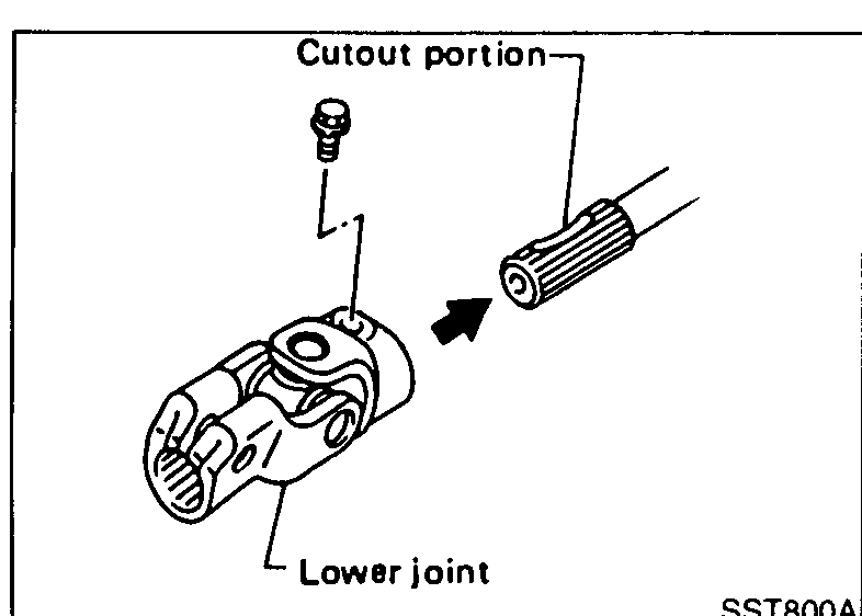 Detail view of the lower steering joint with bolt removed. Arrow shows the column shaft sliding into the lower-joint yoke; callouts indicate 'Cutout portion' on the shaft and 'Lower joint' on the yoke.
