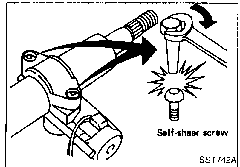 Steering lock clamp on the column with self-shear type screws still in place. Callout points to 'Self-shear type screw'.