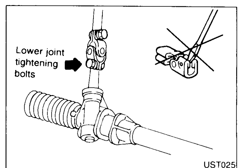 View of the lower joint at the steering gear pinion with arrow at 'Lower joint tightening bolts' showing where to slacken.
