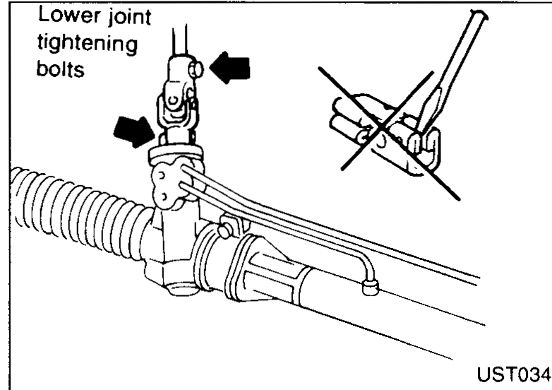 Power-steering rack inputs at the pinion area showing numbered hydraulic line connections: (1) low pressure and (2) high pressure. Callout 'Pinion'.
