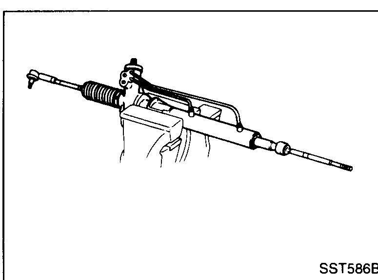 Illustration of the steering gear assembly held in a bench vice using soft jaws for disassembly.