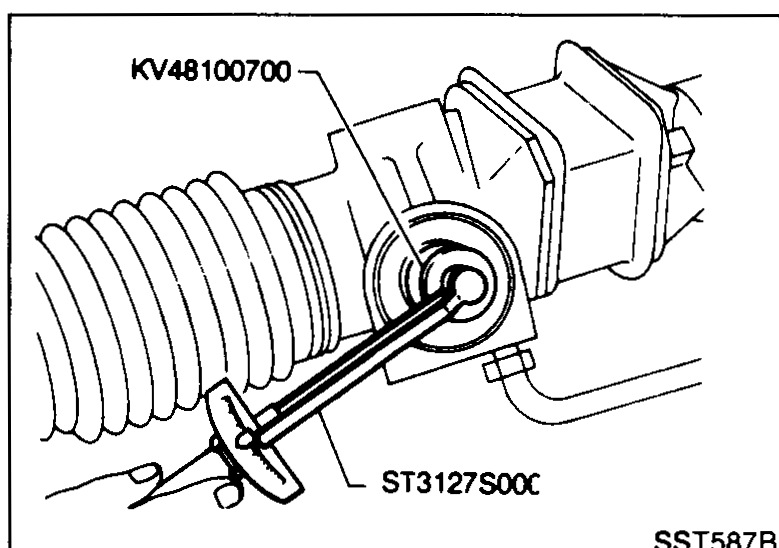 Illustration of the steering gear assembly with the pinion housing held in soft jaws while a torque wrench fitted with adapter tool KV48100700 is engaged on the pinion via tool ST3127S00X to check pinion rotating torque.