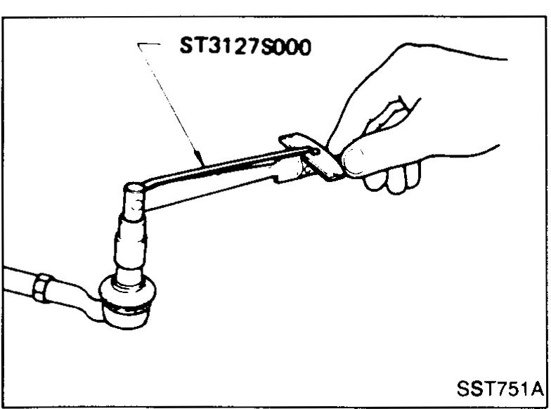 Illustration of a tie-rod assembly with a spring balance hooked to the outer ball-joint shank. A callout 'Measuring point' indicates where the gauge attaches to measure swinging force.
