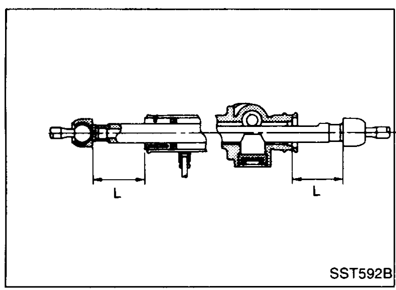 Illustration of a complete tie-rod with a dimension line 'L' indicating the tie-rod length to be set when tightening the outer socket lock nut.