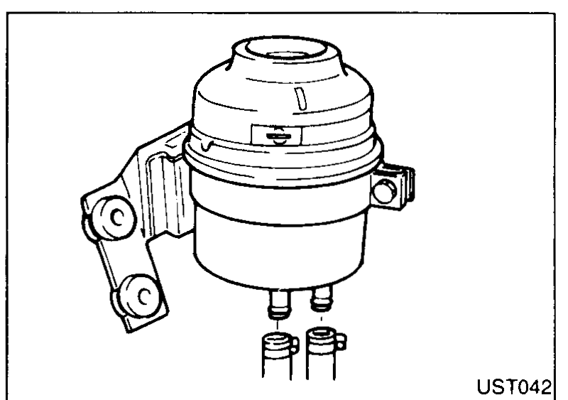 Photograph of the power-steering reservoir off the vehicle, mounted to its bracket. Visible: cap on top of the reservoir, two stub pipes on the lower-right where feed and return hoses connect, and the body bolts on the bracket.
